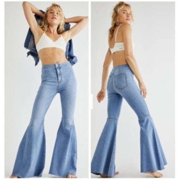 Free People Just Float On Flare Jeans Frayed Hem Stretch Bellbottom Sky Blue 27 - Picture 1 of 7